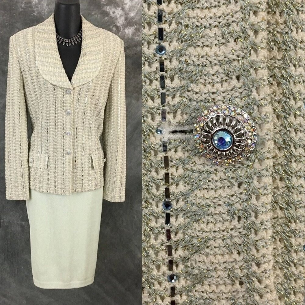 BEAUTIFUL St John evening knit green multi rhinestones embellished skirt suit 10